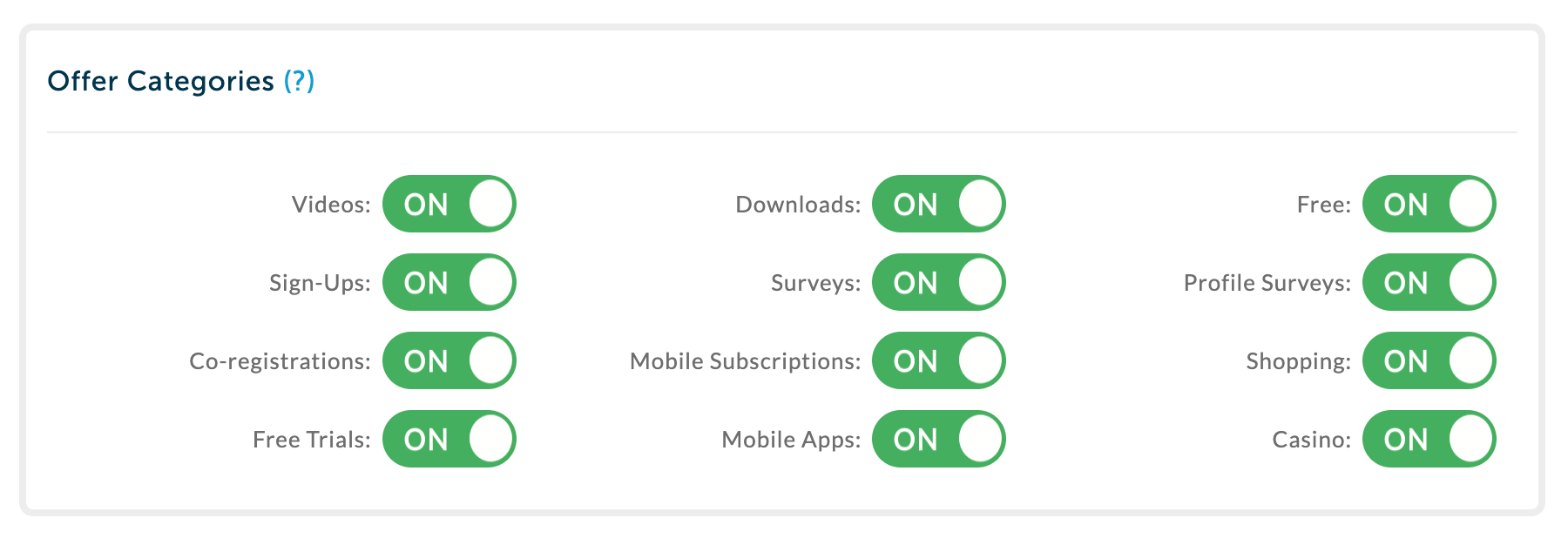 example offerwall offer category selection from Adscend Media publisher dashboard